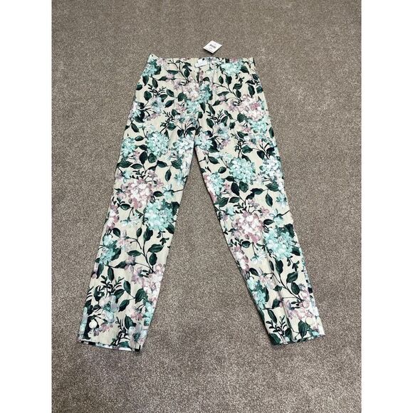J. jill womens oatmeal floral linen stretch pants sz small side zipper elastic - Picture 5 of 12
